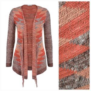 Maurices Aztec Open Front Fringe Drapey Cardigan Henna Knitted Long Sleeve Cardi